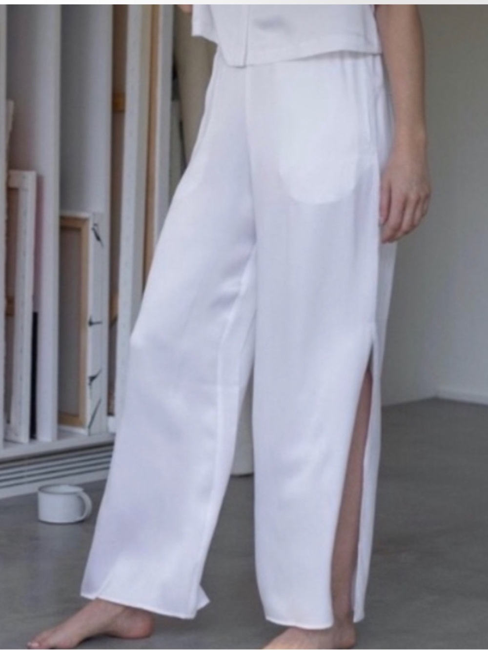 LUNYA 100% Silk Pajama Pants W/ Legs Long Side Slits Women’s Size S In Ecru